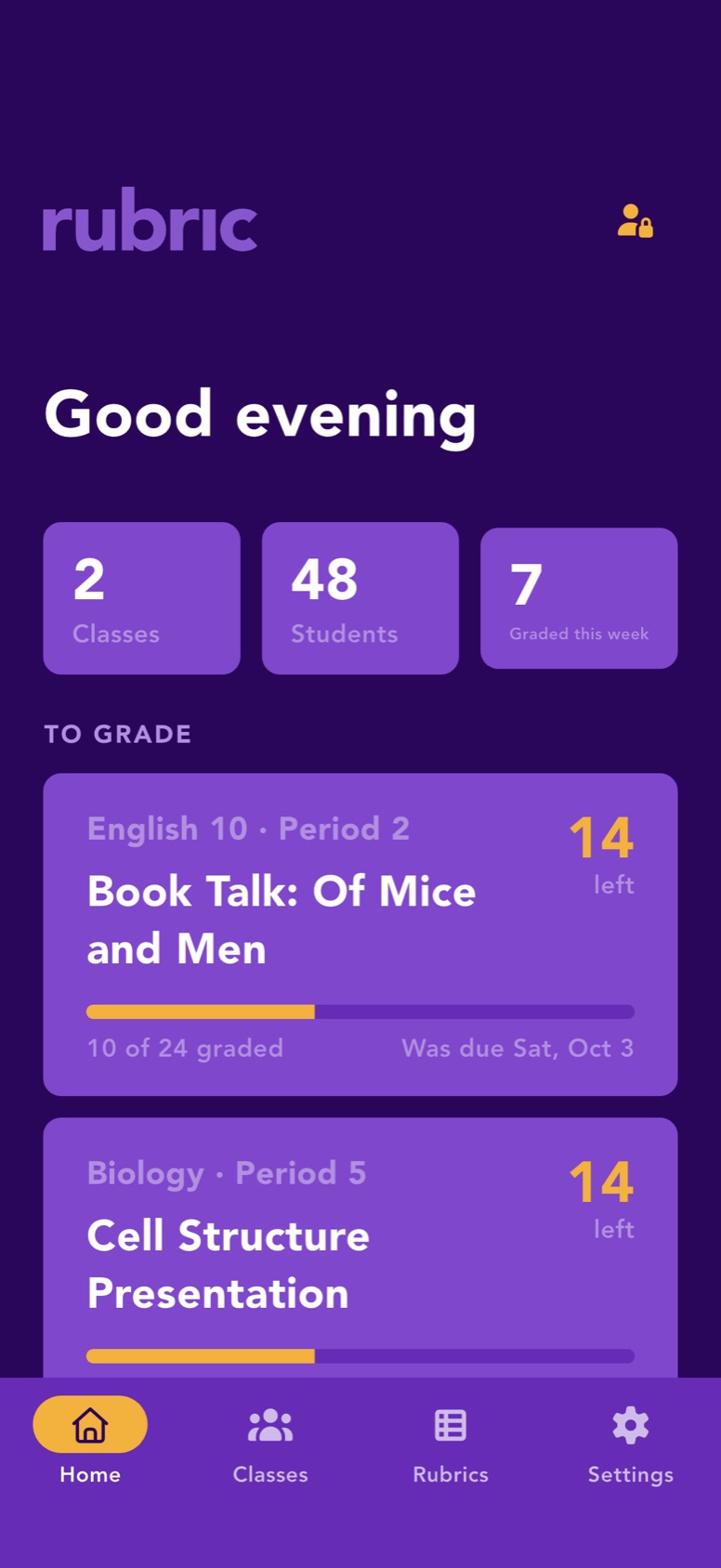Rubric's home screen: classes, students graded this week, and work waiting to be graded